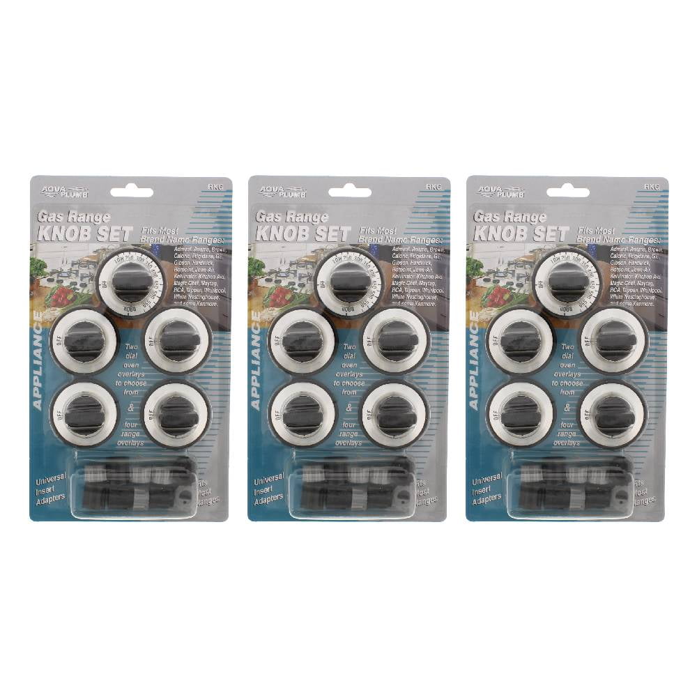 Aqua Plumb Gas Range Knob Set 5 PC Adapters Black with Silver Overlays