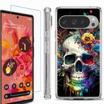 For Google Pixel 9 / 9 Pro Phone Case Cover, Shockproof Bumper Case with Tempered Glass Screen Protector, by OneToughShield - Skull Flower
