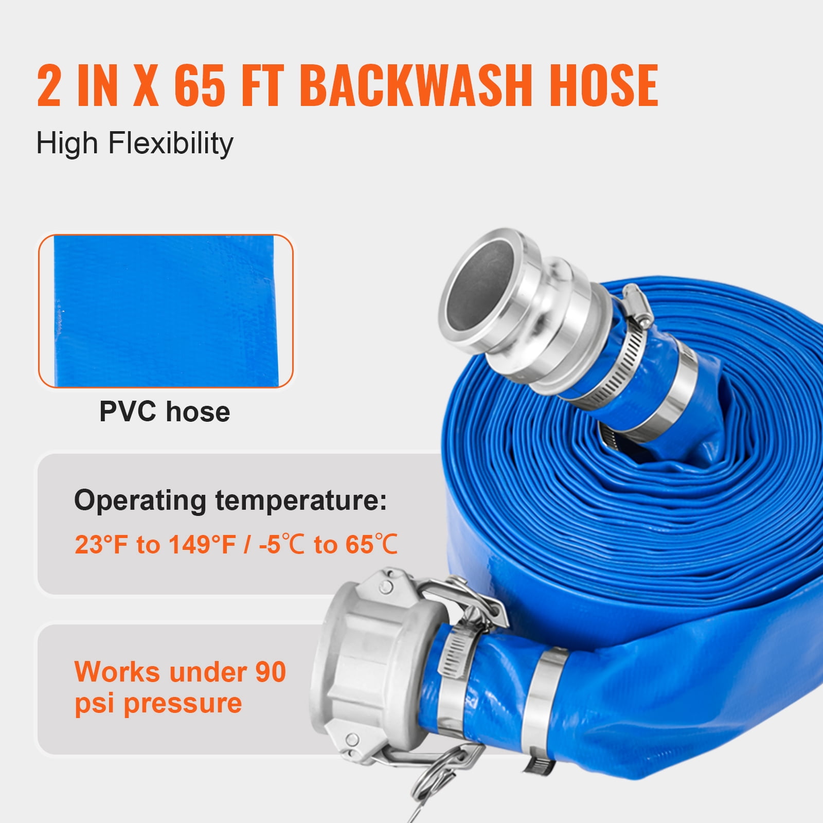 VEVOR Suction Hose Kit for Water Pump, with 2 in x 65 ft Blue Backwash Hose, 20 ft Green Suction Hose, and Steel Round Hole Strainer, Camlocks, Clamps, Cam & Groove Adapter, for Multiple Purposes