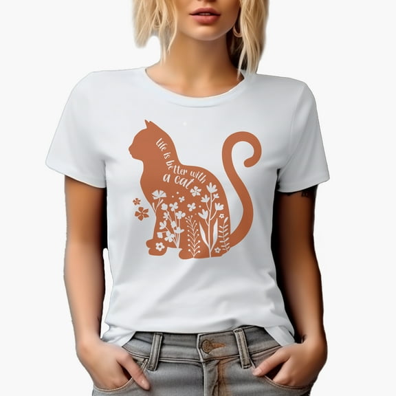 Life Is Better with a Cat Art Merch Gift, White T-Shirt, Small