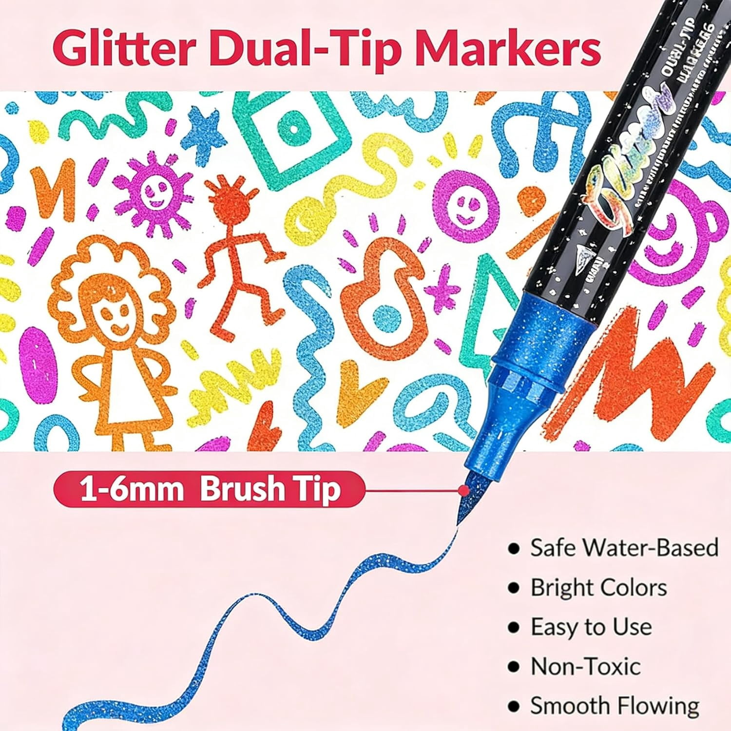 24/48/72/96 Colors Glitter Effect Brush Markers, Glitter Markers for Adults, Metallic Glitters Dual Tip Marker for Cards, DIY Crafts, Writing, Adults Coloring Books, Art Supplies Scrapbooking (24)