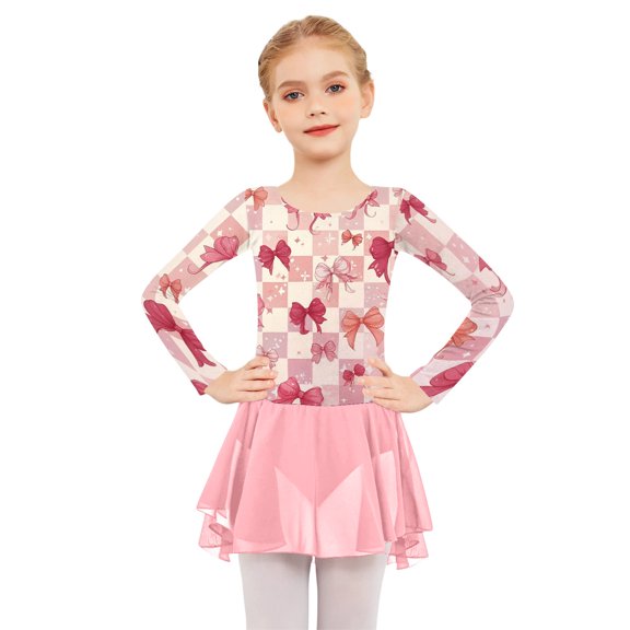 Grblisyd Ballet Leotards for Girls Bow Print Long Sleeve Gymnastics Dance Leotard Outfits with Tulle Skirt