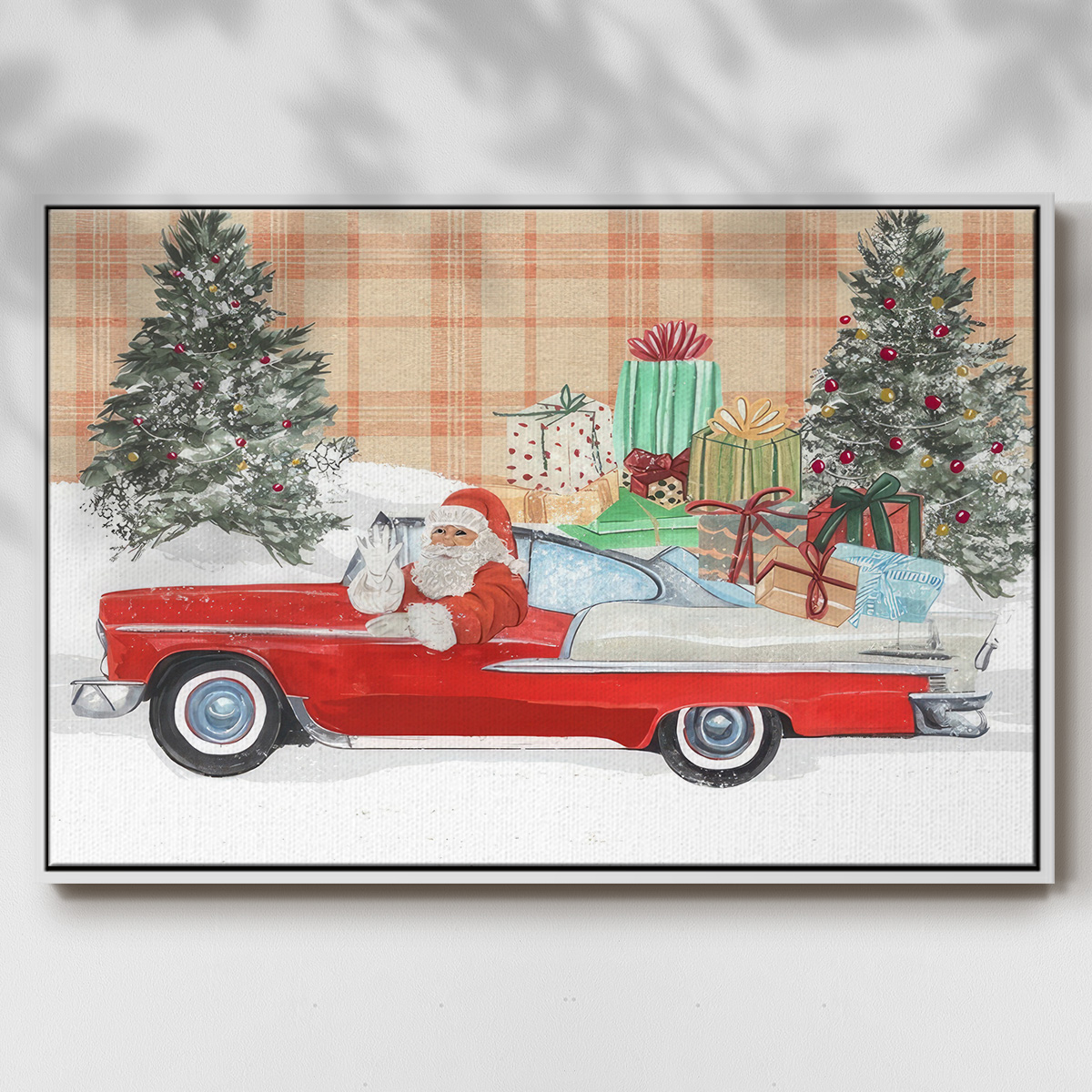 Santa on Wheels II - Framed Gallery Wrapped Holiday Canvas - 27 x 41 - White Frame