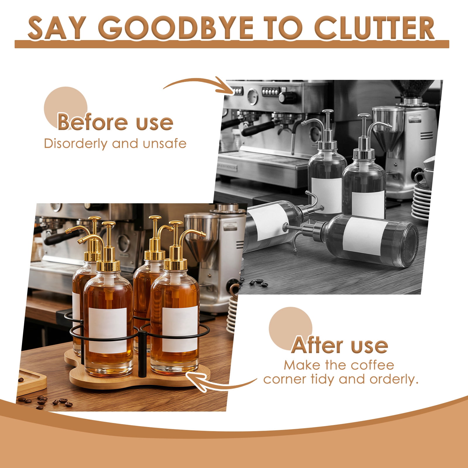 Rotating Coffee Syrup Organizer Wood and Metal 16.9oz Syrup Bottle Holder for Countertop Coffee Bar Accessories with 4 Separate Slots