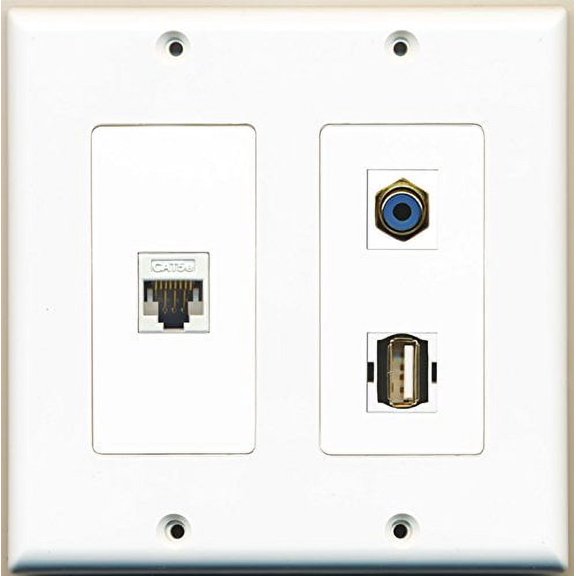 RiteAV - 1 Port RCA Blue 1 Port USB A-A 1 Port Cat5e Ethernet White - 2 Gang Wall Plate