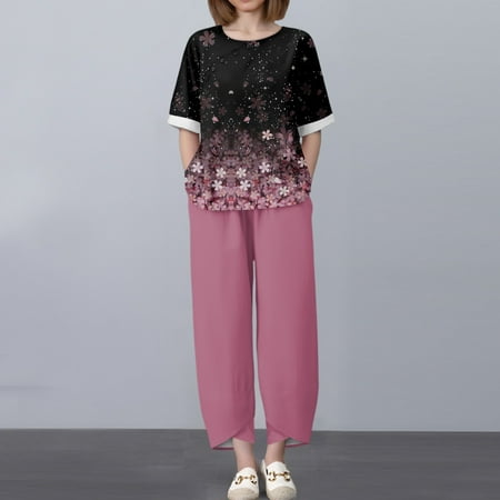 GXIPO Womens 2 Piece Cotton Linen Set Loose Fit 3/4 Sleeve Top and High Waist Pants with Pockets 2025 Trendy Summer Outfit Hot Pink M