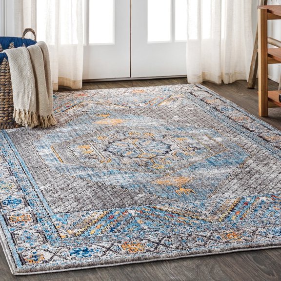 JONATHAN Y 8 x 10 Area Rug, Izmit Geometric Vintage Medallion - Gray/Mustard/Turquoise, RES100A-8