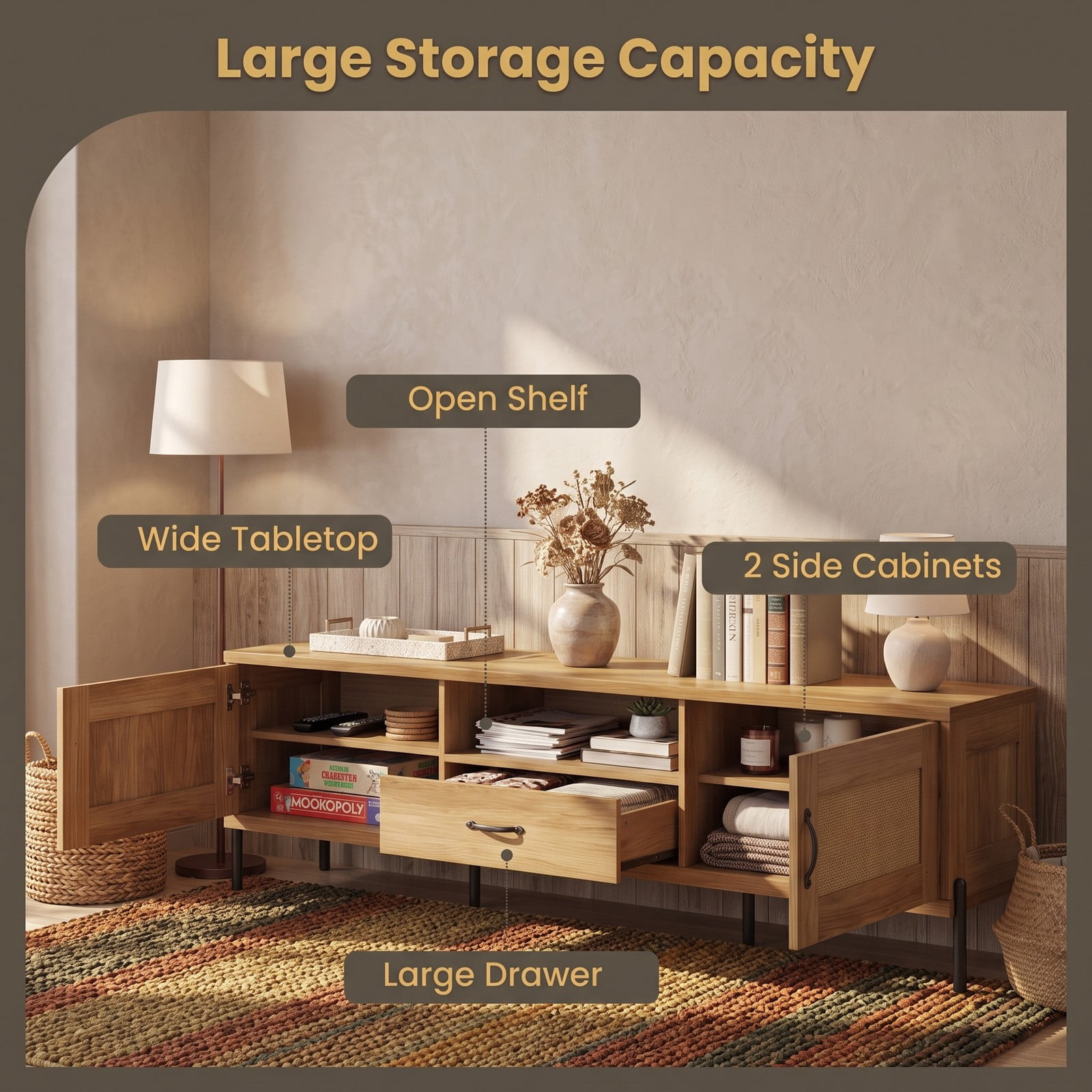 Furnibear Rattan TV Stand for TVs up to 80 Inches, Mid Century Modern Media Console Table with 2 Storage Cabinets, Adjustable Shelves and Open Compartment for, Natural