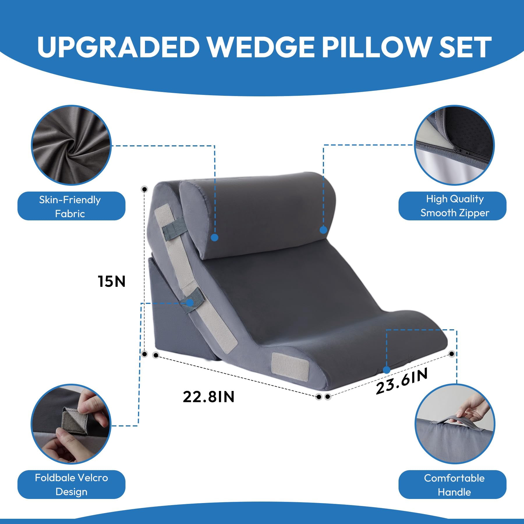 3pcs Wedge Pillow Set For After  Bed Sitting Up 10-in-1 Foam Acid Reflux & Plush Grey