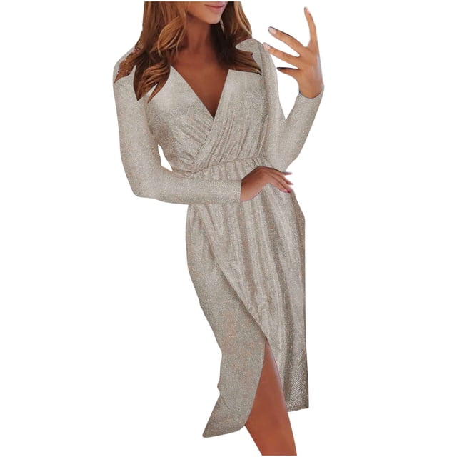 Vestidos Para Mujer Maxi Vestidos Casuales Otoño Cuello en V Bronceado Erógeno Manga Larga Vestido de Falda Media Vestido Ajustado Con Abertura Odeerbi ODB139379