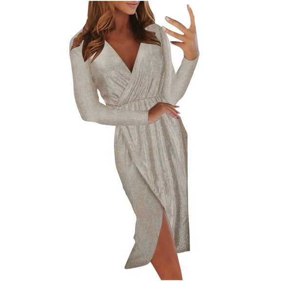 Odeerbi Dresses for Women 2025 Casual Maxi Dresses Autumn V-Neck Bronzing Erogenous Long-Sleeved Mid-Skirt Dress Skirt Slit Slim Dress Silver
