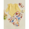 thumbnail image 5 of Aojekbee Baby Girl Fall Outfits Letter Print Crew Neck Long Sleeve Romper Floral Print Flare Pants Headband 3Pcs Clothes Set, 5 of 10