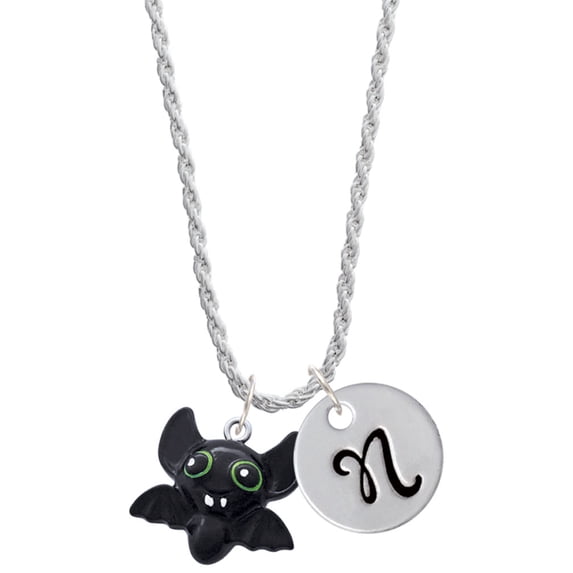 Delight Jewelry Resin Bat Buddy Silvertone Script Initial Disc - N - Charm Necklace, 20"+3"