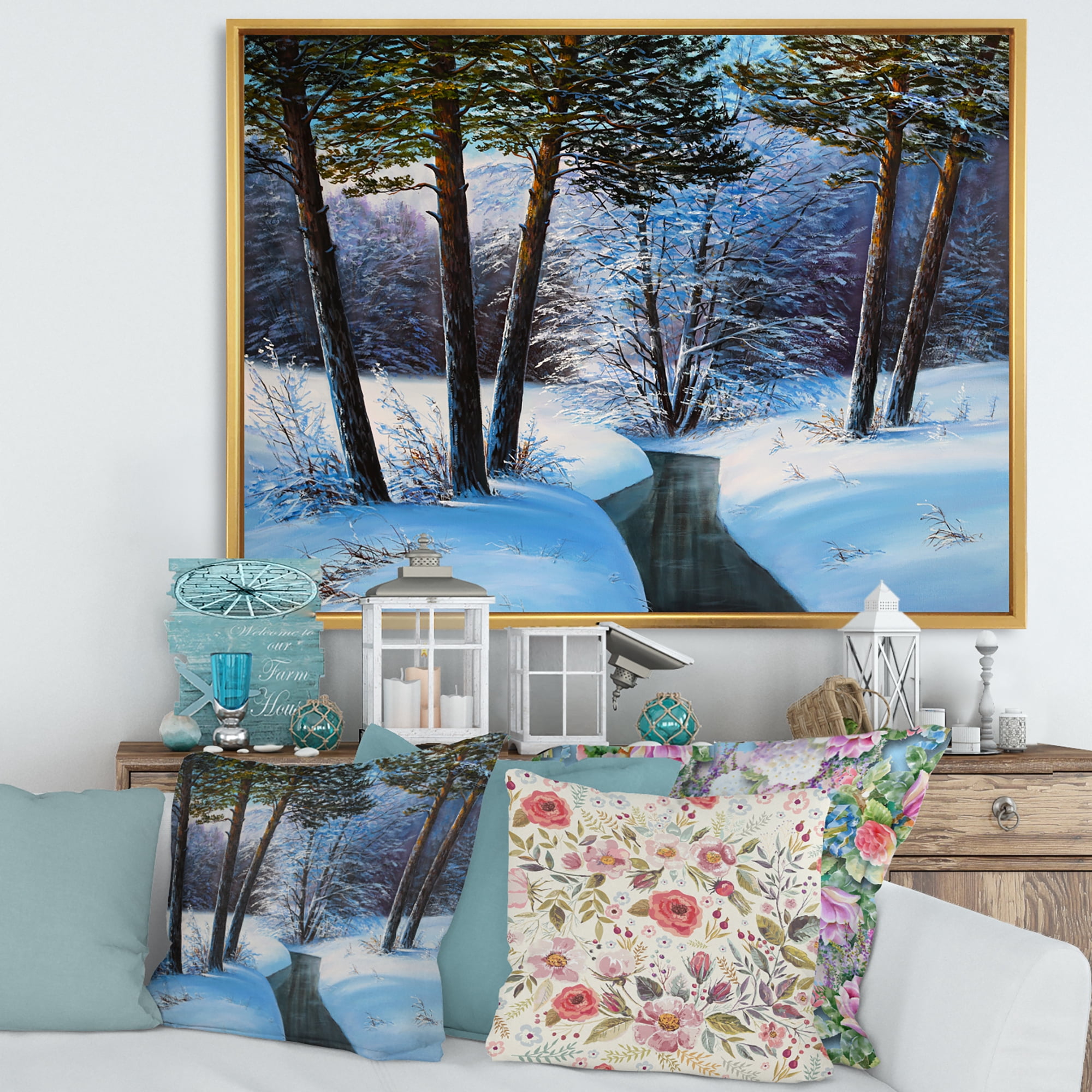 Designart 'Christmas Forest With Trees and River III' Traditional Framed Canvas Wall Art Print