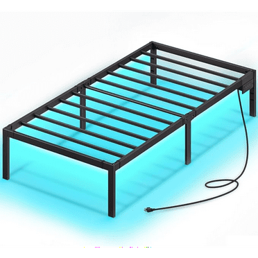 Bed Frame with USB Charging Station, Twin Bed Frame with LED Lights, Platform Bed Frame with Heavy Duty Steel Slats, 14" Storage Space Beneath Bed