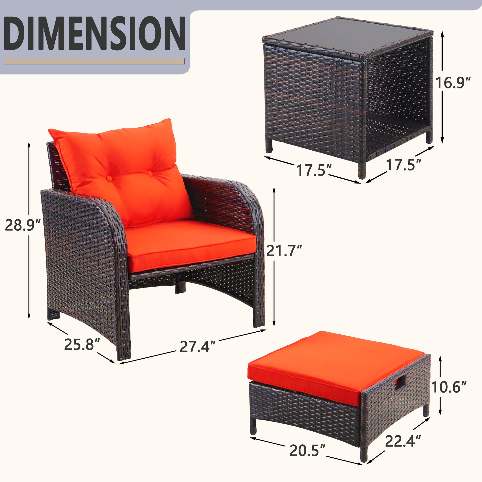 5 Piece Rattan Outdoor Patio Furniture Set, 5 Pieces Wicker Outdoor Patio Chairs Set with Ottoman, Orange