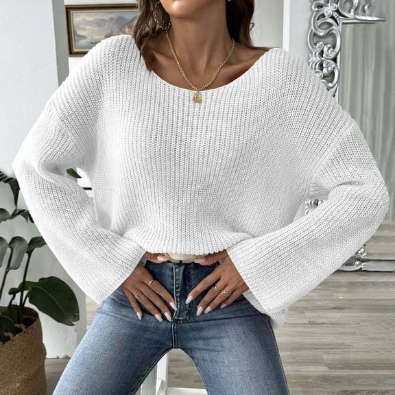 PiGOGI Women's offShoulder Knit Sweater Trumpet Sleeve Loose Pullover Round Neck Casual Top Fashion Comfortable Fall Winter Blouse White XL