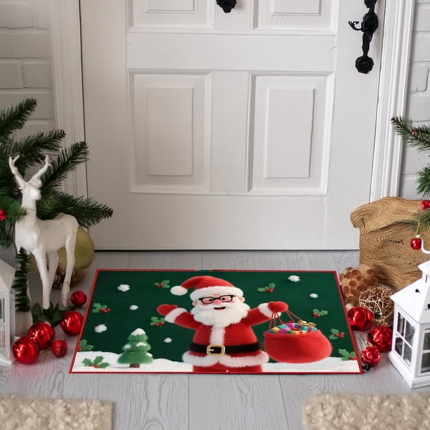 Seyotauo Winter Merry Christmas Santa Deer Snowflake Kitchen Rugs and Mats Kitchen Floor Mats Seasonal Decor Anti Slip Xmas Tree Cushion Case Bathroom Rug for Indoor Holiday Decoration