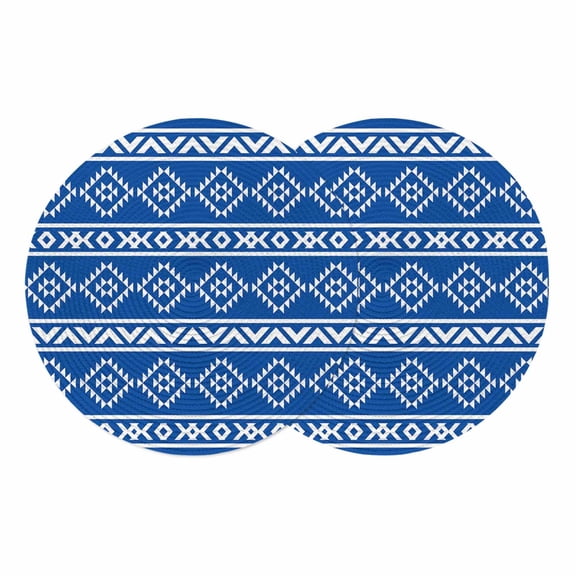 Blue Boho Round 13 Inch Placemats Set of 2, Abstract Geometric Bohemia Ethnic Striped HeatResistant Non Slip Place Mats for Dining Table, Wipeable Braided Kitchen Table Mats for Housewarming