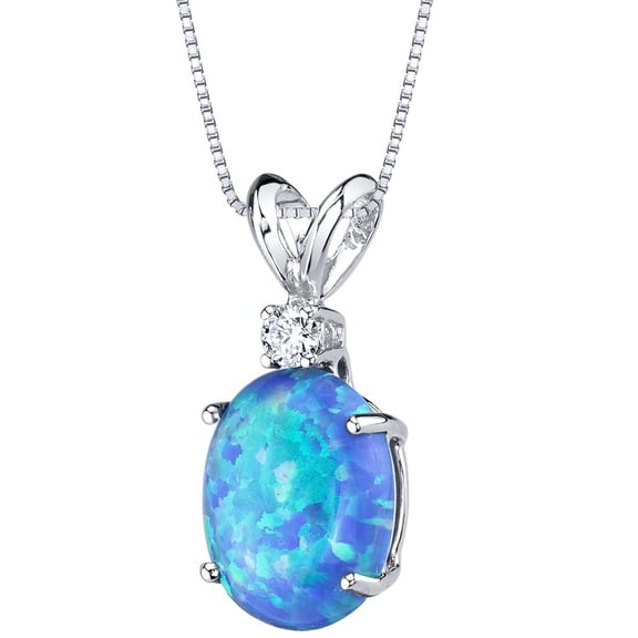 PEORA 14K White Gold Created Blue Opal with Genuine Diamond Pendant, Elegant Solitaire, Oval Shape, 10x8mm, 1 Carat total