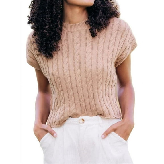 Crewneck Women Short Sleeved Casual Knit Sweater Cable Jumper