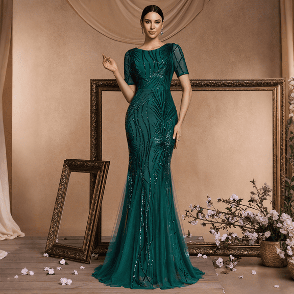 Crew Neck Formal Dresses for Women with Short Sleeve Cocktail Maxi Dresses with Sequin Embroidery Wedding Guest Dresses for Women Mermaid Evening Gown for Party Prom and Birthday Dark Green M