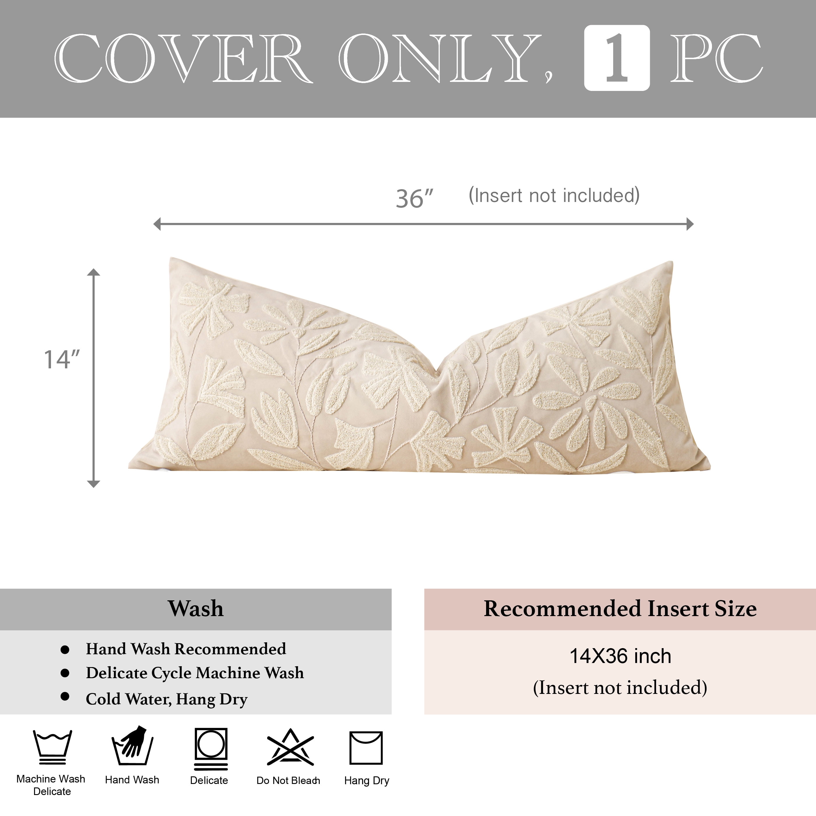 BlissBlush Light Beige Velvet Decorative Long Lumbar Pillow Cover 14x36, Neutral Floral Soft Body Pillow for Bed, Accent Lumbar Throw Pillow for Bedroom, Modern Farmhouse Textured Pillowcase