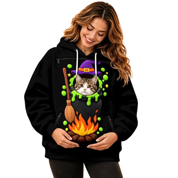 JIAYUE Women Cute Pet Carrier Hoodie Oversized Halloween Hooded Sweatshirt With Front Carry Pouch Cozy Wear Built In Kangaroo Pocket For Small Pets