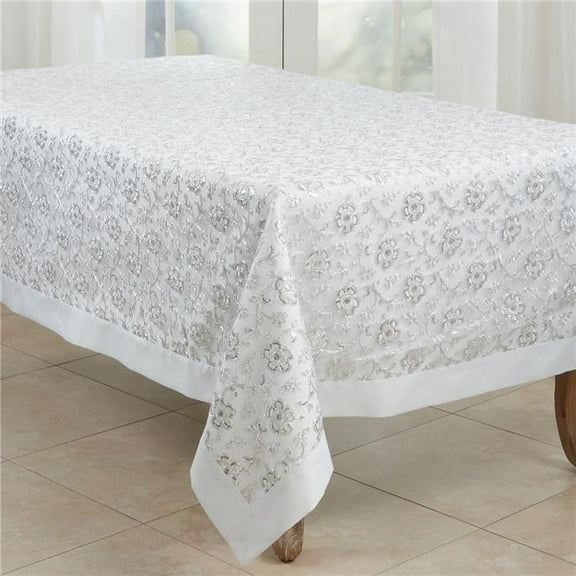 65 in. Floral Embroidered Tablecloth, Silver Stripe