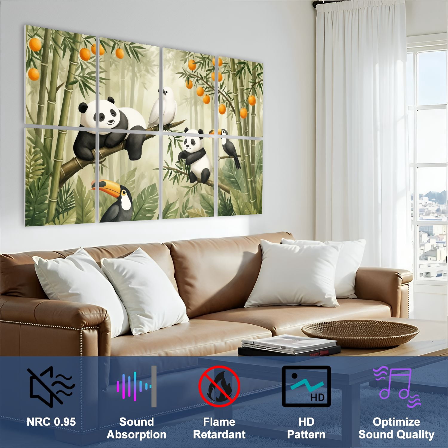 8 Pack Art Acoustic Panels Sound Absorbing Playful Pandas Tropical Birds Bamboo Forest Decorative Soundproof Wall Panels Self Adhesive for Nursery Game Room Bedroom 48"x32"