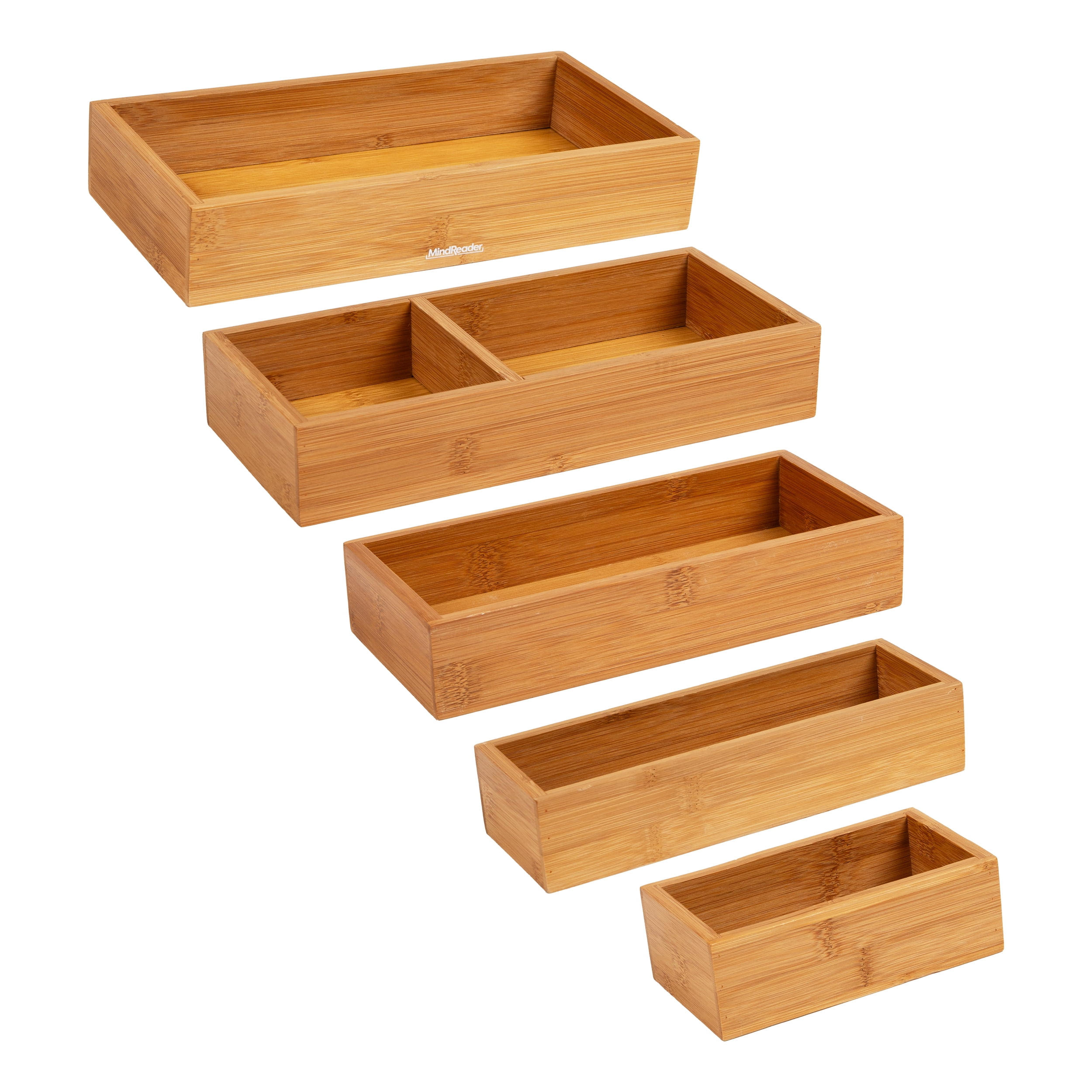 Mind Reader 5-Piece Bamboo Drawer Organizer Set, Stackable Storage Trays for Kitchen, Bathroom, Office, Rayon from Bamboo, Brown
