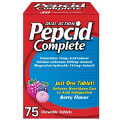Pepcid Complete Dual-Action Antacid, Chewable Tablets, Berry Flavor 75 Individually Sealed Packets