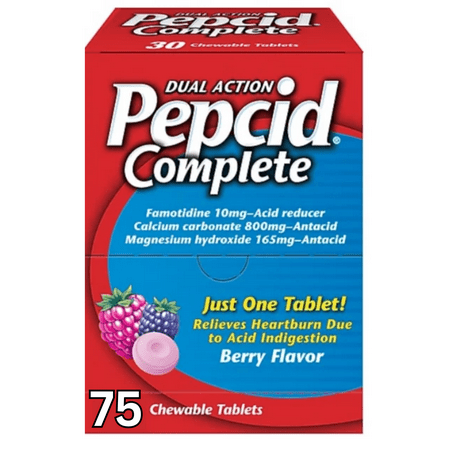 Pepcid Complete Dual-Action Antacid, Chewable Tablets, Berry Flavor 75 Individually Sealed Packets