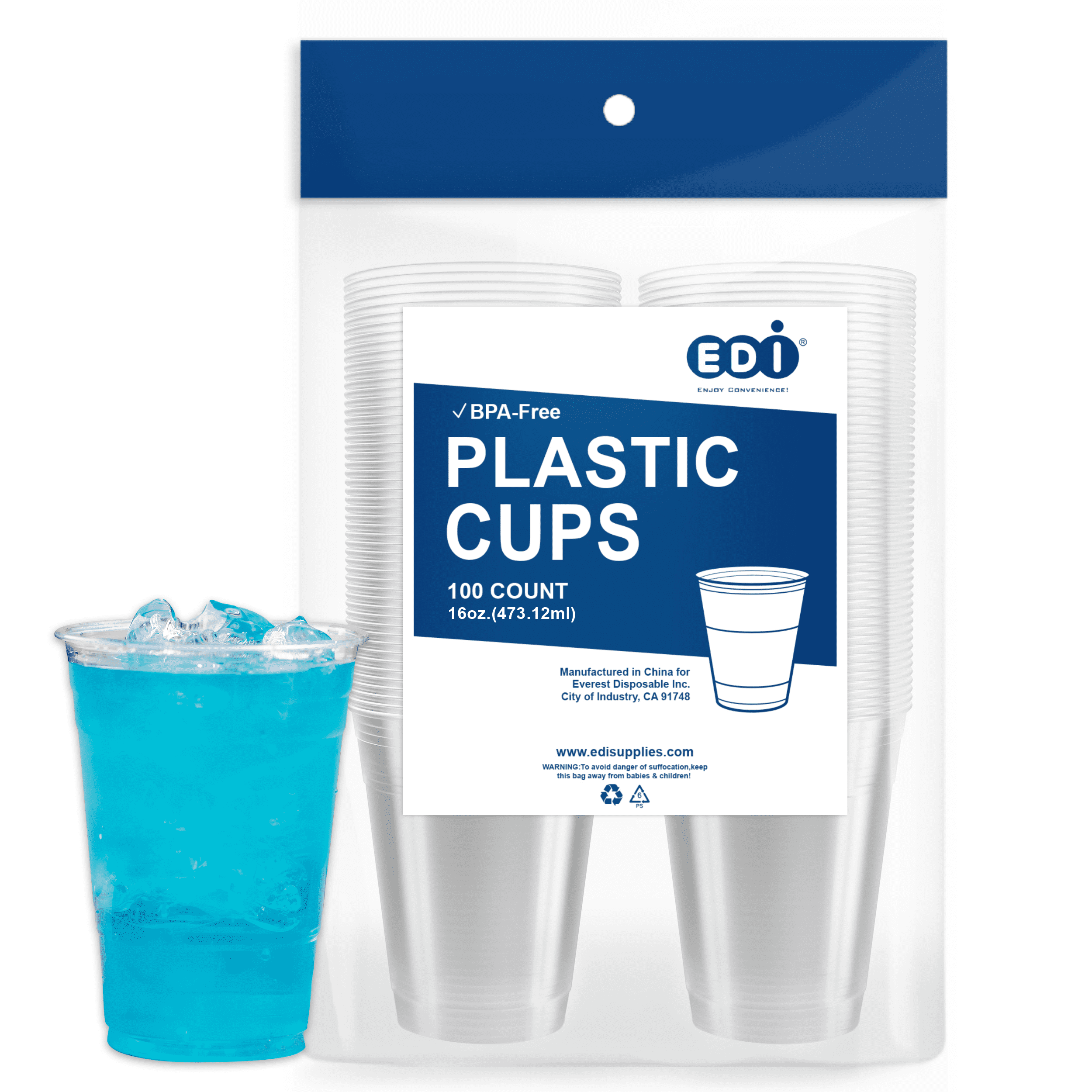 [16 oz 100 Pack] EDI Crystal Clear Disposable PET Plastic Cups