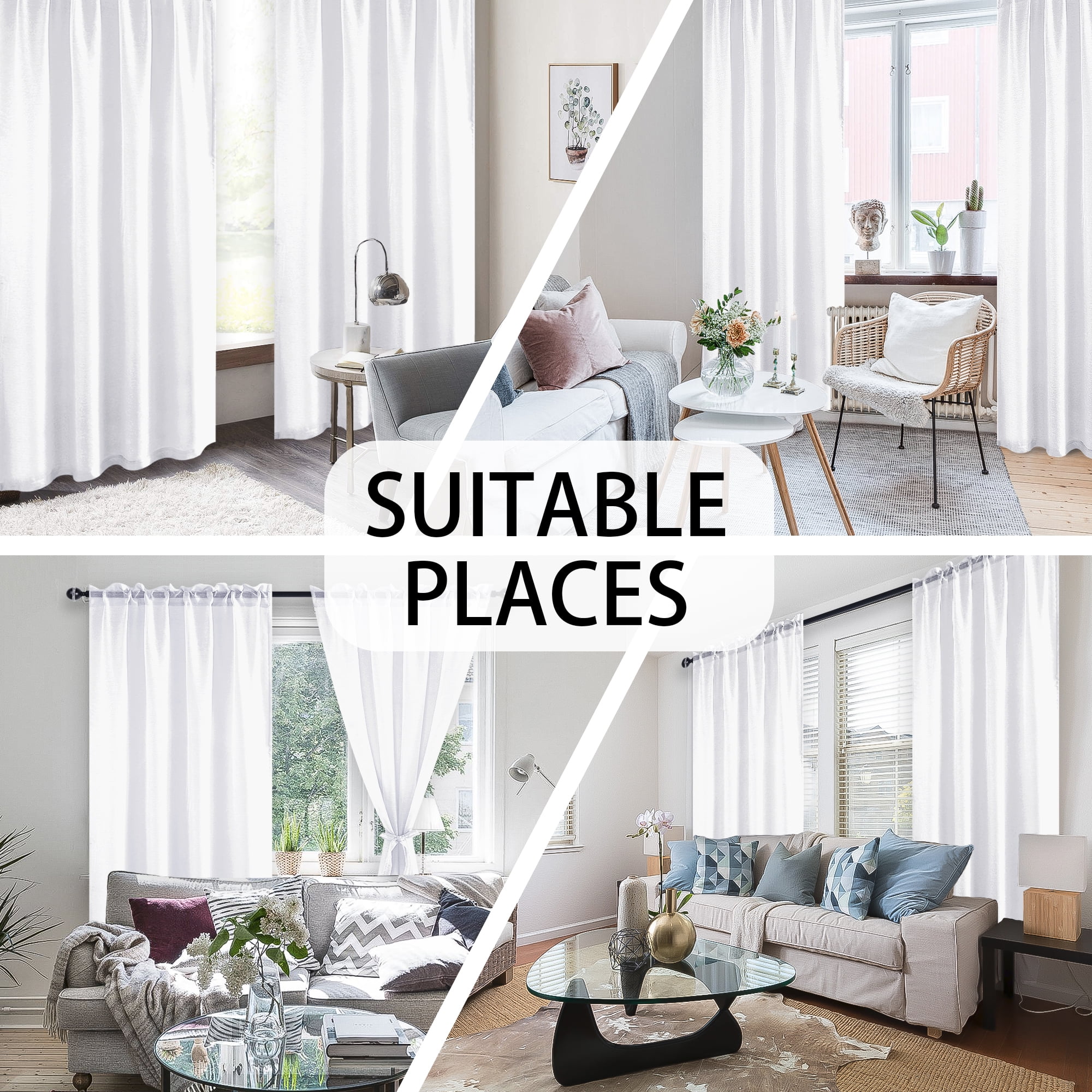 JIUZHEN White Sheer Curtains 108 Inches Long, Light Filtering Semi Transparent Rod Pocket Voile Window Curtains, Elegant Drapes for Living Room, Bedroom, Set of 2 Panels with Tiebacks, W52 x L108