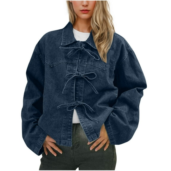 XPMWRP Women's Bow Tie Front Denim Jacket Loose Long Sleeve Lapel Solid Color Coats Casual Fall Winter Cute Outerwear Jacket with Pockets Blue XL