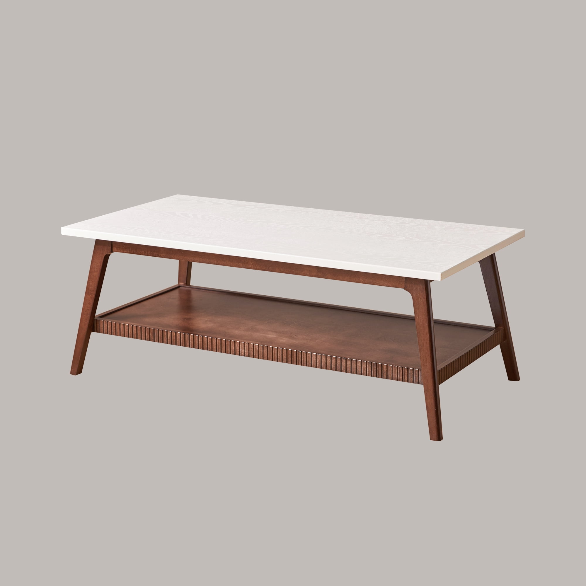 Garitin Coffee Table and Mid Century Modern Center Table 47.24 Inch, Two Tone Wooden Cocktail Table with Lower Storage Shelf for Living Room, Walnut and White
