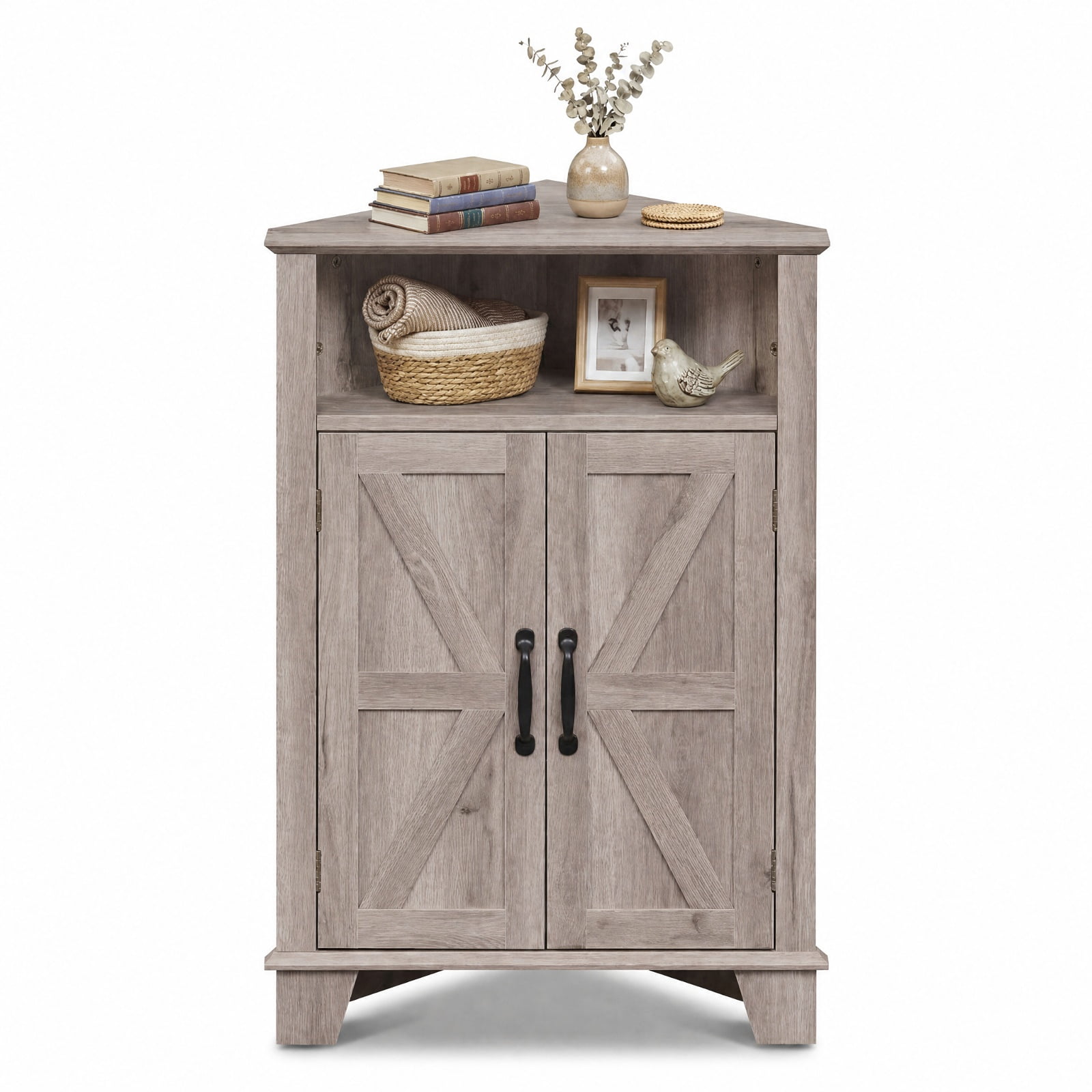 Furnibear 4 Tier Corner Accent Cabinet with Doors Open Shelf and Adjustable Storage for Kitchen Living Room and Entryway, Gray