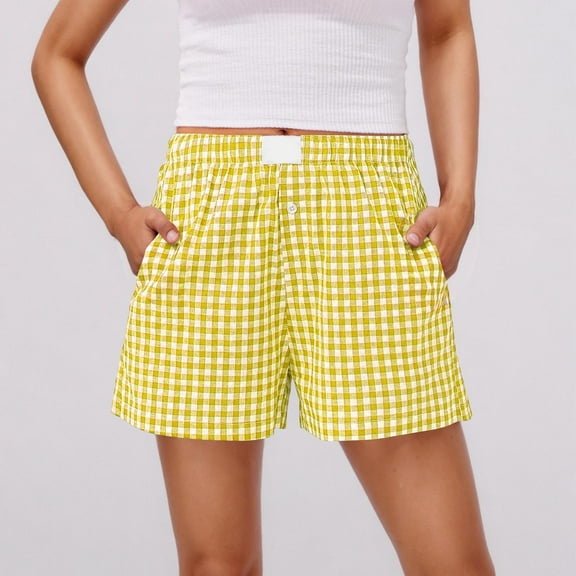 BLCHUNen Plaid Shorts for Women Elastic Waist Lightweight Loose Casual Summer Beach Vacation Shorts with Pockets
