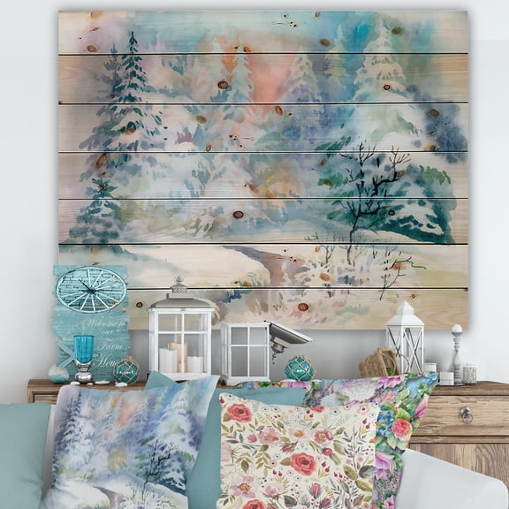 Designart 'Snowy River With Winter Landscape' Traditional Print on Natural Pine Wood