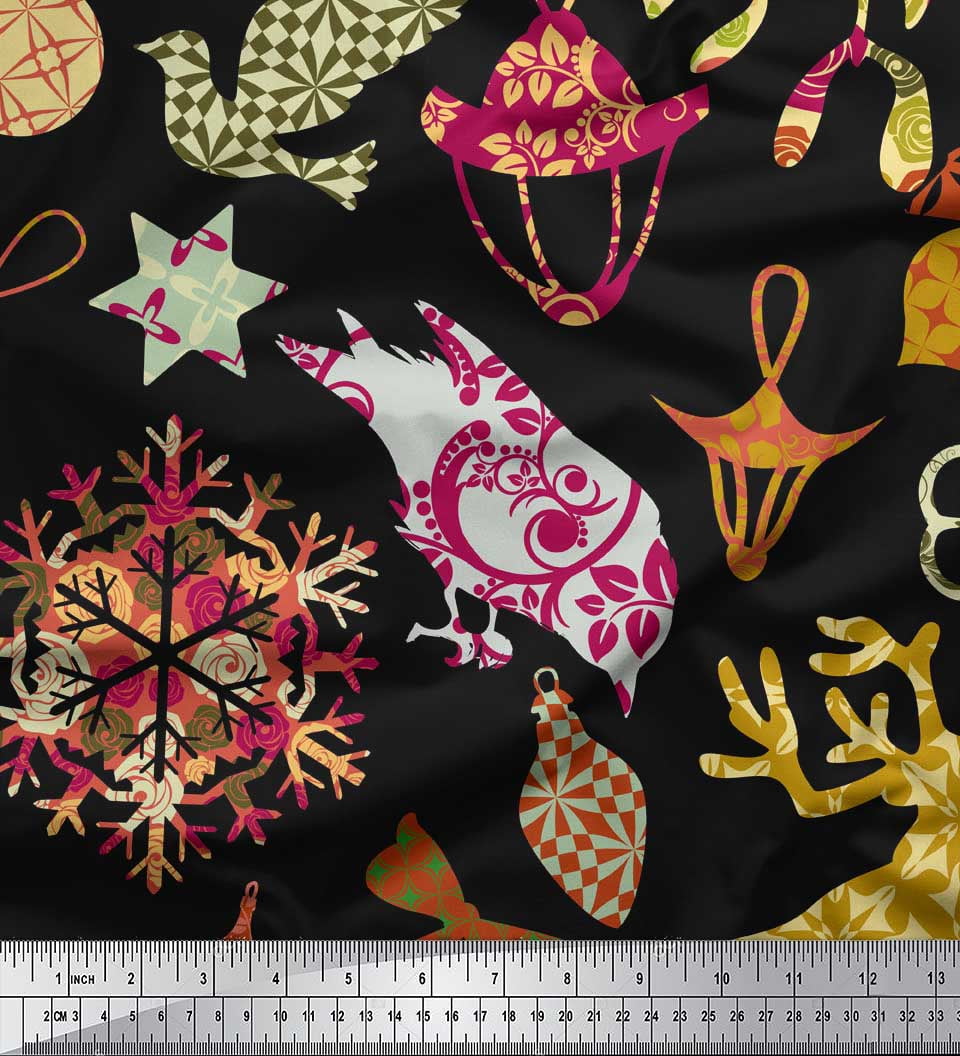 Soimoi Black Heavy Satin Fabric Reindeer,Oranaments & Tree Christmas Print Sewing Fabric Yard 54 Inch Wide