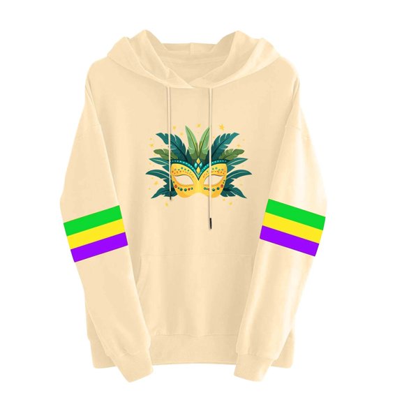 Mardi Gras Pullover Hoodie Sweatshirt for Women Long Sleeve Casual Loose Crewneck Pullover Funny Print Colorful Striped Tops
