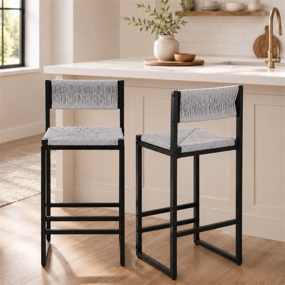 SESSLIFE Bar Chairs Set of 2, Counter Height Bar Chairs for Kitchen Counter, Paper Rope Weave Kitchen Chairs with Metal Legs, Bar Chairs for Restaurant, Coffee Shop, Gray