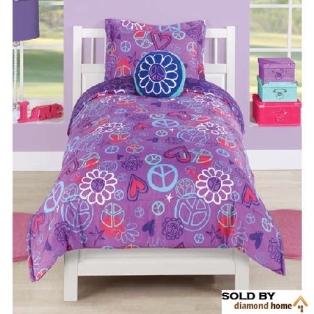 Girls 3 Piece Peace Comforter Set Peace Sign Hearts Flowers