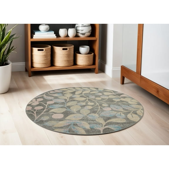 5' Beige Gray And Blue Botanical Leaves Round Rug