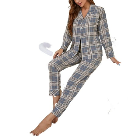 

Casual Plaid Print Lapel Pant Sets Long Sleeve Multicolor Womens Pajama Sets (Women s)
