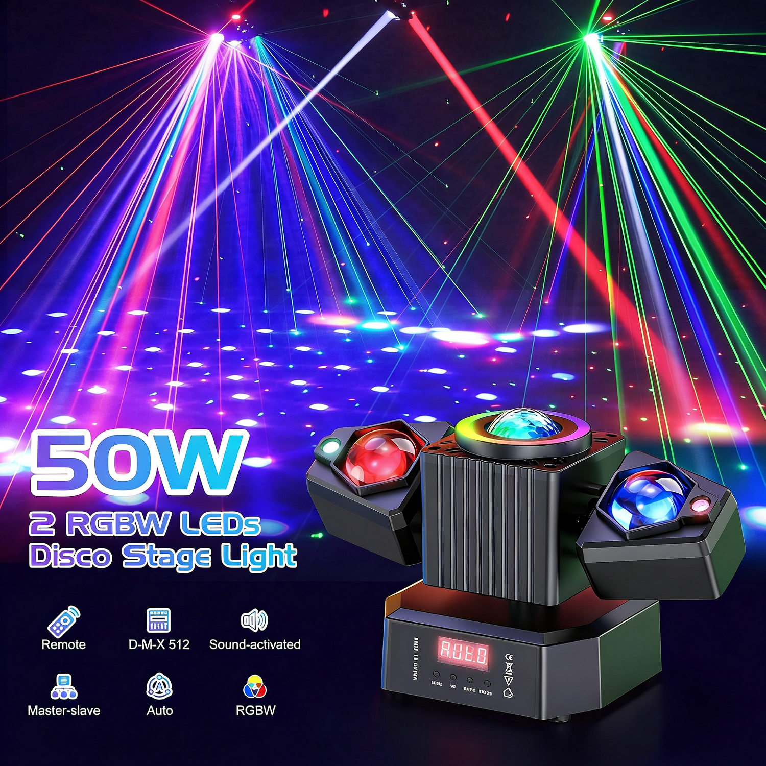 Moving Head Stage Light with RGBW 4-in-1 Beam & Starry Effect, Remote & DMX512 Sound Activated DJ Lights for Party Wedding Church Concert, Home KTV Nightclub