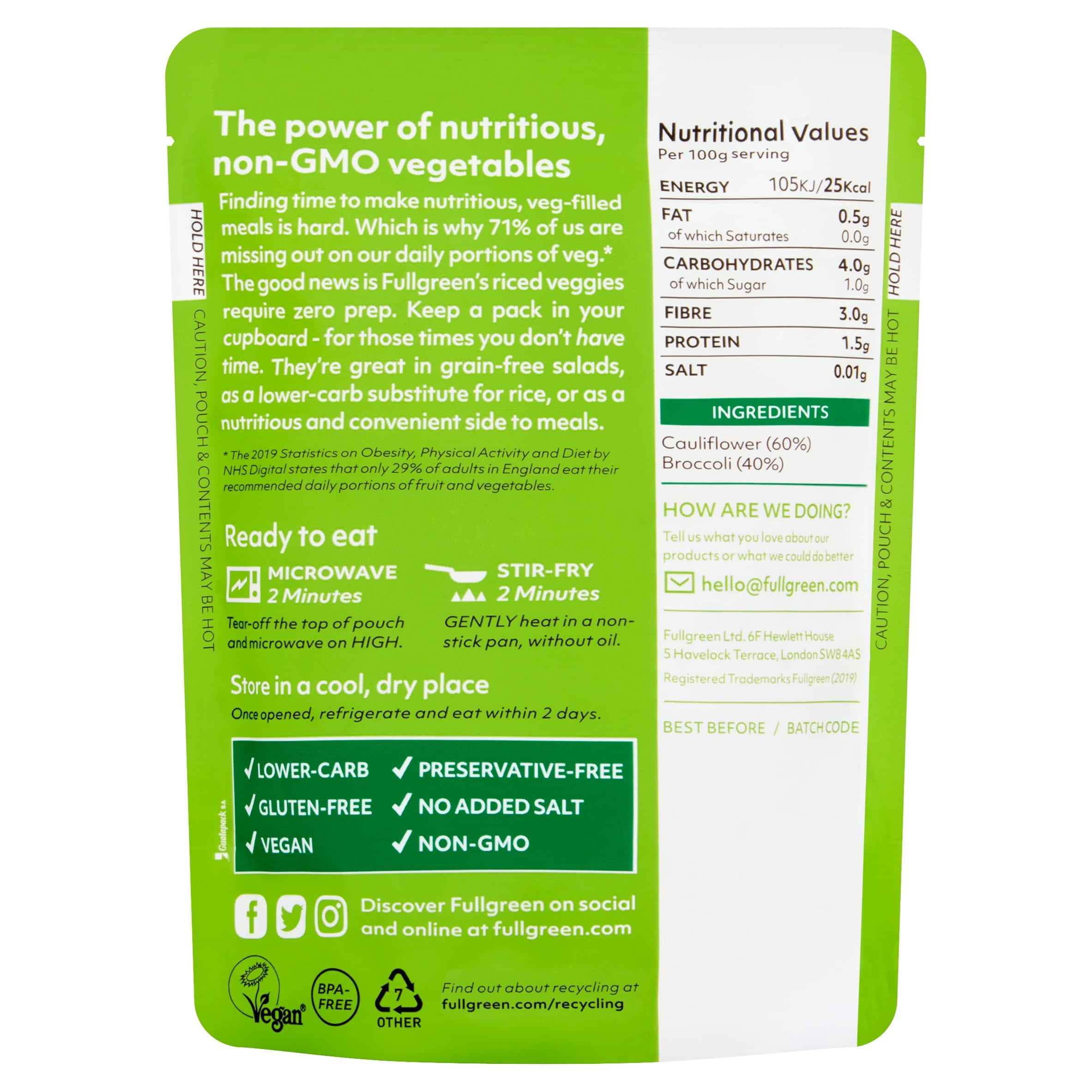 Fullgreen Riced Cauliflower & Broccoli 200g, Imported from Britain