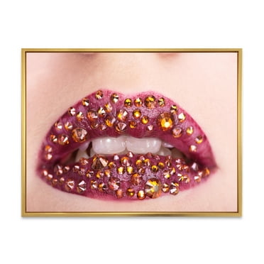 Designart 'Close-Up Of Girl Lips With Sequins' Modern Framed Canvas Wall Art Print