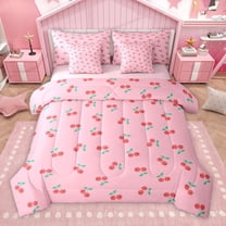 Homewish Kawaii Sweet Cherry 7-Piece Twin Bedding Sets,Cute Fruit Bedding Comforter Set,Pink Red Green Sheet Sets For Girls Teens,Breathable Home Decor Reversible